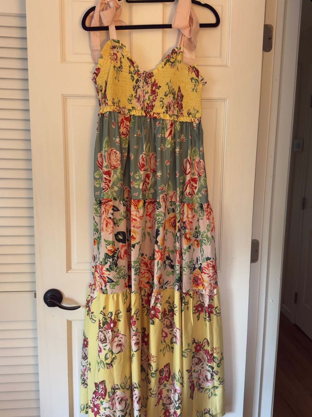 Amazon Floral Tiered Maxi Dress with Yellow Bodice and Pink Ties